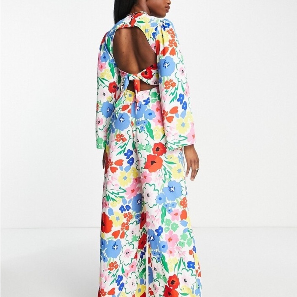 ASOS Bright Floral Open Tie Back Wide Leg Jumpsuit - Picture 2 of 12